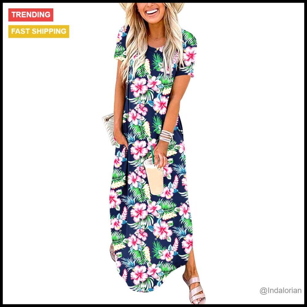 Summer Maxi Dress Casual Loose Fit Split Hem Boho Beach Vacation Outfit